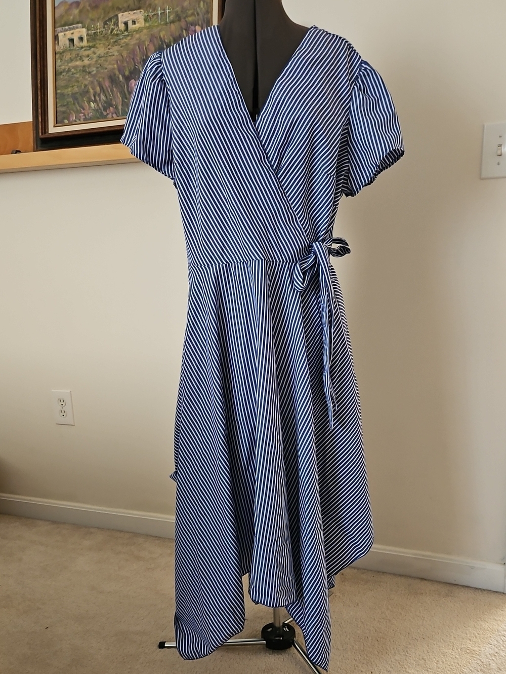 Mlle Gabrielle Blue and White Striped High-Low Wrap Dress